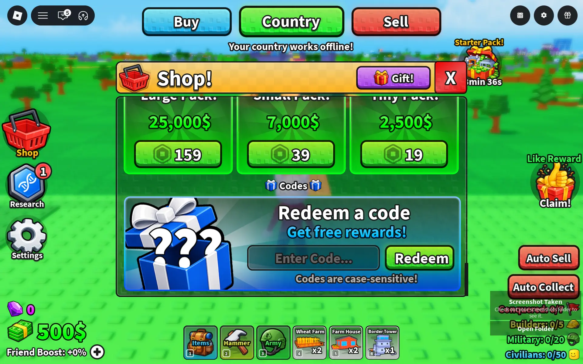 Mini War codes redeem screen